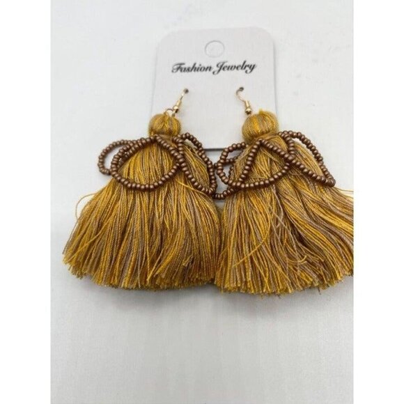 Bohemian Yellow Fringe Tassel Beaded Earrings Womens Long Dangle Drop Fashion - Picture 4 of 5
